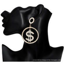Trendy Stunning Rhinestone Gems Hollow Shiny CZ Dollar Sign Hoop Earrings